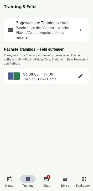 App-Ansicht: Training & Feld – zugewiesene Trainingszeiten und Feldaufbau je Training